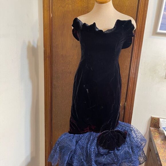 Loralie Original VTG 80s Black Blue Tulle Lace Strapless VTG Dress Size 10 - Picture 2 of 14